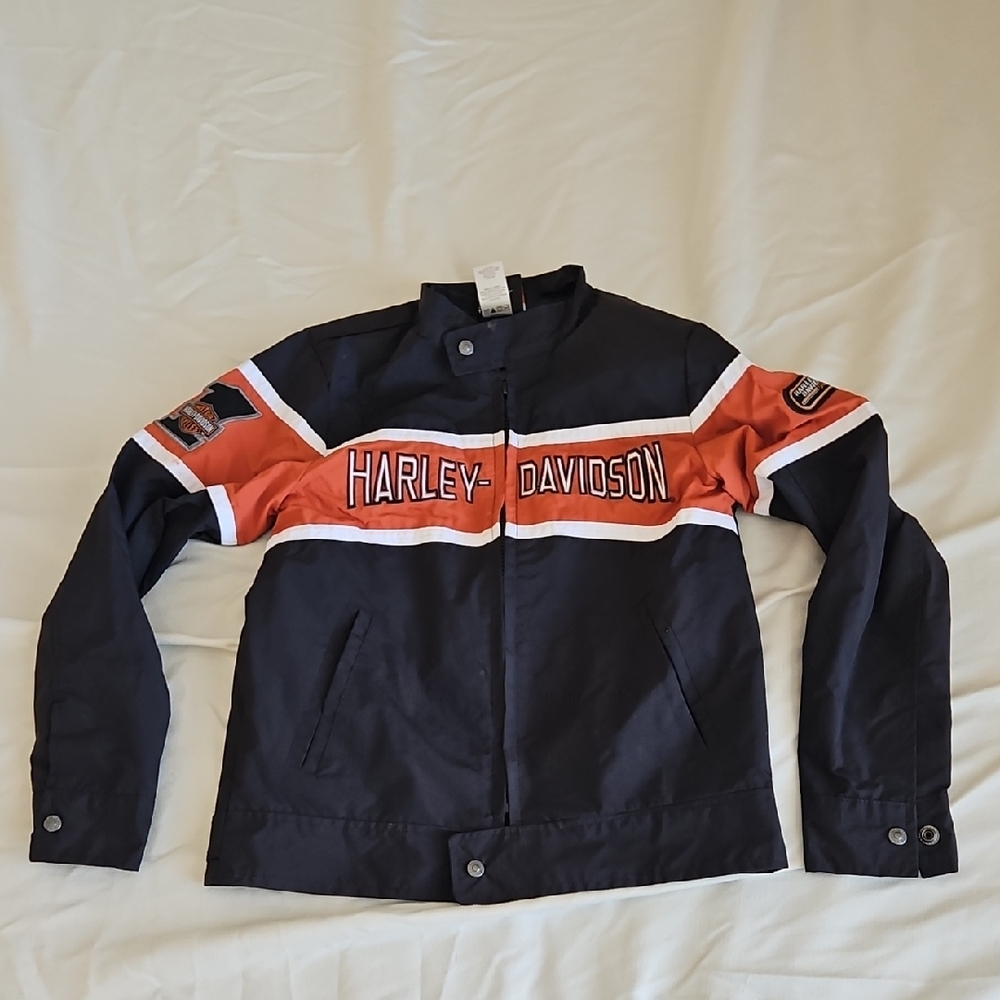 Harley Davidson Kids Light Weight Zip Up Jacket Black Orange Size 8/10